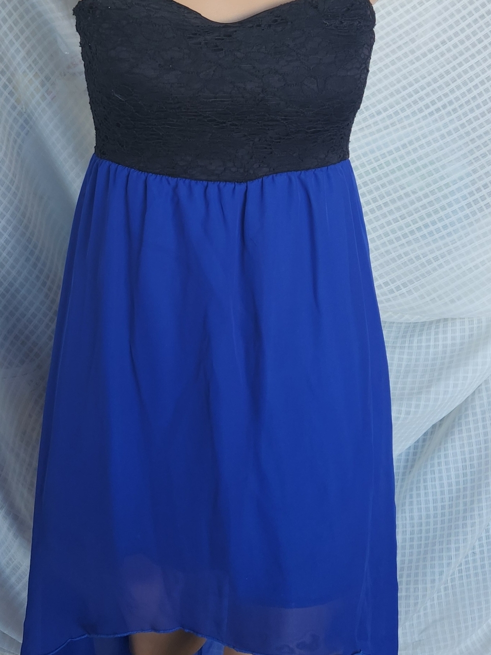 Velvet Strapless Black Lace Bodice with Royal Blue Chiffon Skirt